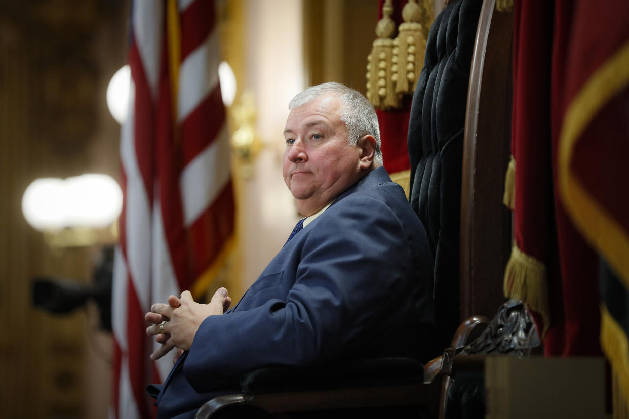 FILE - Ohio House Speaker Larry Householder sits at the head of a legislative session in Columbus, Ohio, Oct. 30, 2019. The former Ohio House speaker goes on trial next week in the highest-profile reckoning yet arising from a $60 million federal bribery investigation that federal prosecutors label the largest corruption case in state history. (AP Photo/John Minchillo, File)