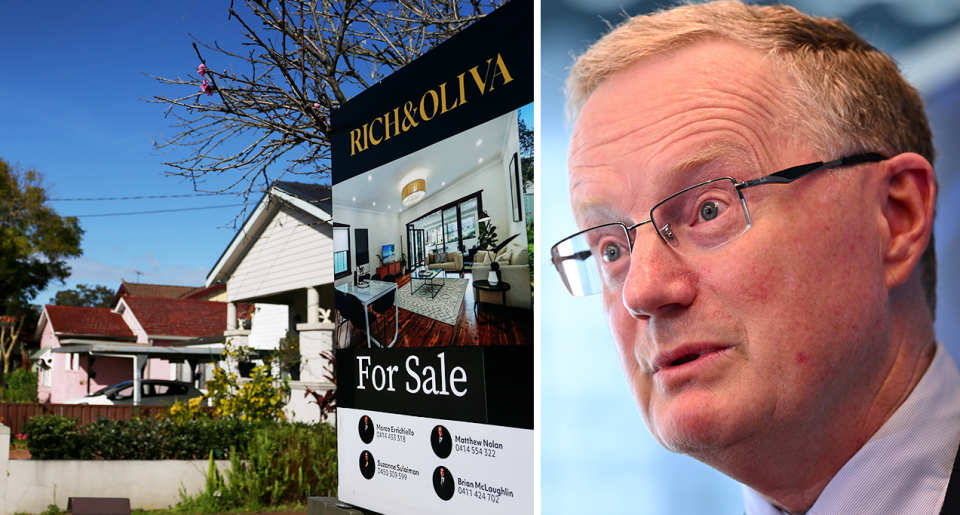 A composite image of a house with a for sale sign out the front and RBA governor Philip Lowe.