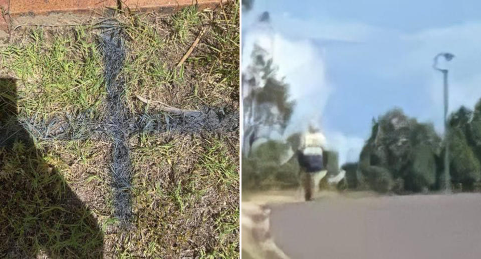 a strange marking on a front lawn (left) and a man who claimed to be collecting money for charity (right)