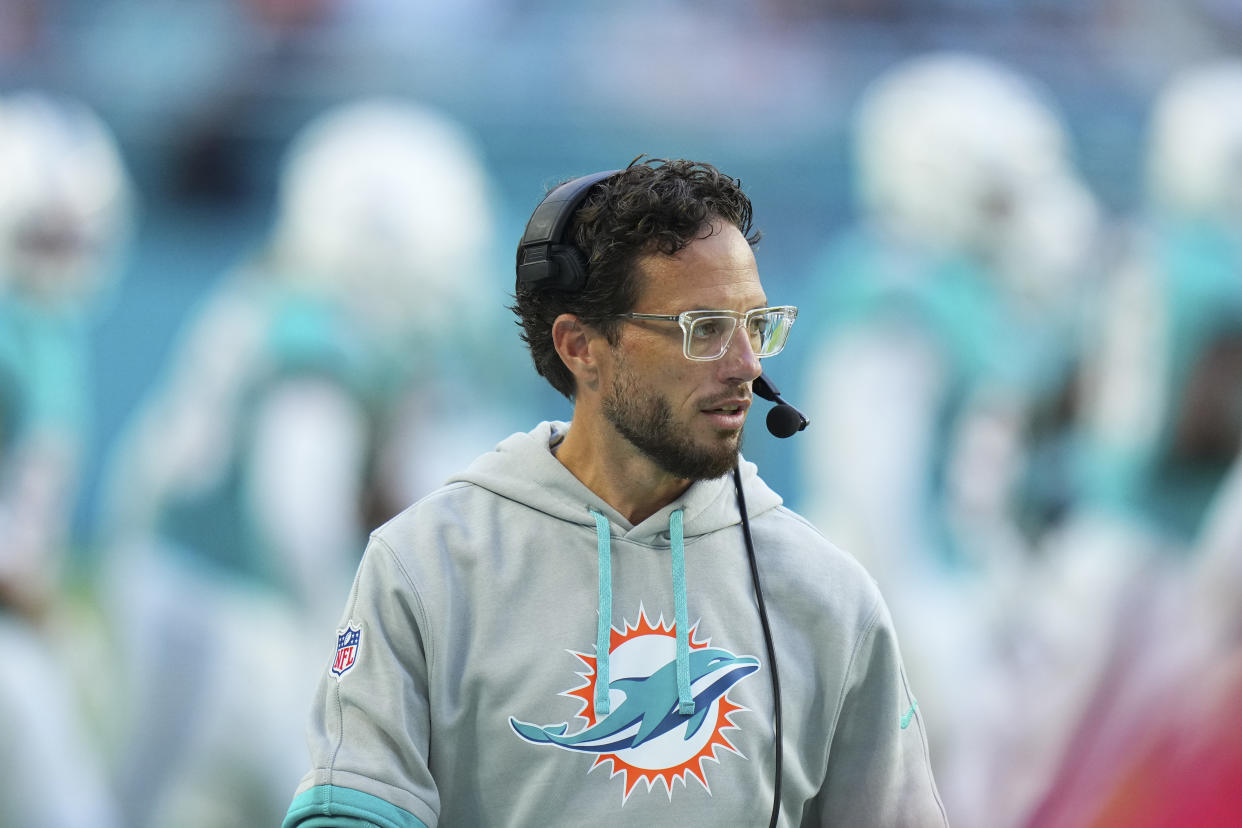 MIAMI GARDENS, FLORIDA - AUGUST 17: Miami Dolphins head coach Mike McDaniel looks on during a preseason game between the Miami Dolphins and the Washington Commanders at Hard Rock Stadium on August 17, 2024 in Miami Gardens, Florida.  (Photo by Rich Storry/Getty Images)