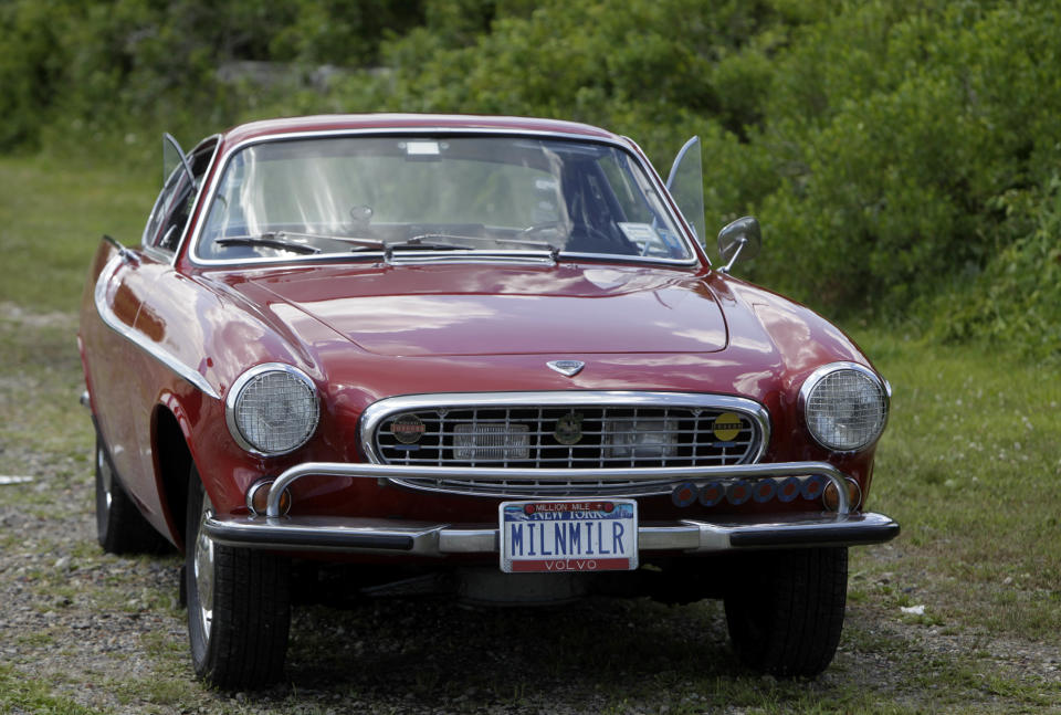 Irv Gordon's Volvo P1800 in Babylon, N.Y., Monday, July 2, 2012. Gordon's car already holds the world record for the highest recorded milage on a car and he is less than 40,000 miles away from passing three million miles on the Volvo.  (AP Photo/Seth Wenig)