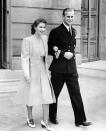 <p>A uniformed Philip stepped out with his brand new fiancée, Princess Elizabeth at Buckingham Palace in July 1947. Photo: Getty Images.</p> 