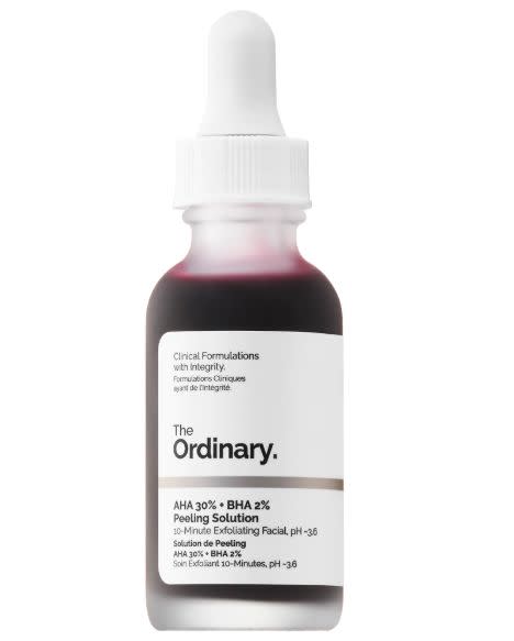 Fight blemishes and smooth skin using <strong><a href="https://fave.co/2F9YjM8" target="_blank" rel="noopener noreferrer">The Ordinary AHA 30% + BHA 2% Peeling Solution</a></strong>. A 10-minute exfoliating facial with AHAs and BHAs such as glycolic acid, lactic&nbsp;acid and&nbsp;salicylic acid, this deep cleans pores and sloughs away dead skin.<strong>&nbsp;<a href="https://fave.co/2F9YjM8" target="_blank" rel="noopener noreferrer">Find it for $7 at Sephora.&nbsp;</a></strong>