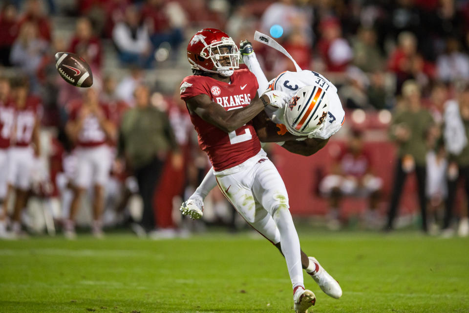 Nov 11, 2023; Fayetteville, Arkansas, USA; Auburn Tigers cornerback Kayin Lee (3) breaks up a pass intended for <a class="link " href="https://sports.yahoo.com/ncaaf/teams/arkansas/" data-i13n="sec:content-canvas;subsec:anchor_text;elm:context_link" data-ylk="slk:Arkansas Razorbacks;sec:content-canvas;subsec:anchor_text;elm:context_link;itc:0">Arkansas Razorbacks</a> wide receiver Andrew Armstrong (2) during the fourth quarter at Donald W. Reynolds Razorback Stadium. Auburn won 48-10. Mandatory Credit: Brett Rojo-USA TODAY Sports