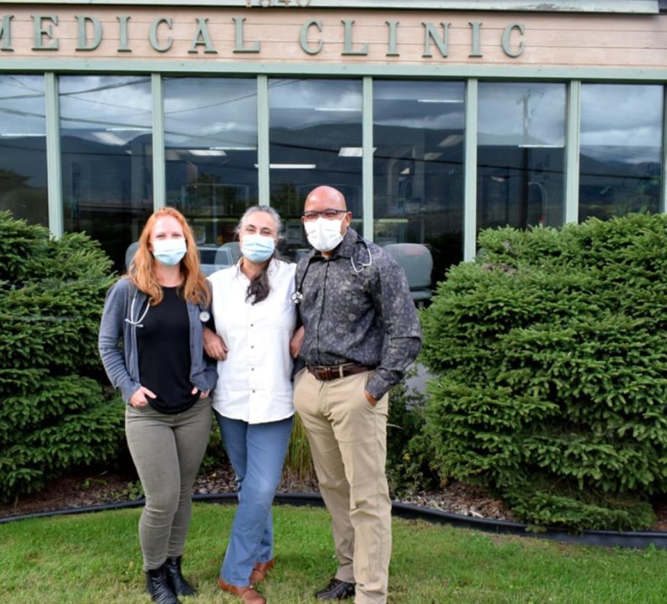 Doctors Erin Charman, left, Ellen Smart, centre, and Bbandama Makwati stand in front of the Castlegar Medical Clinic. 