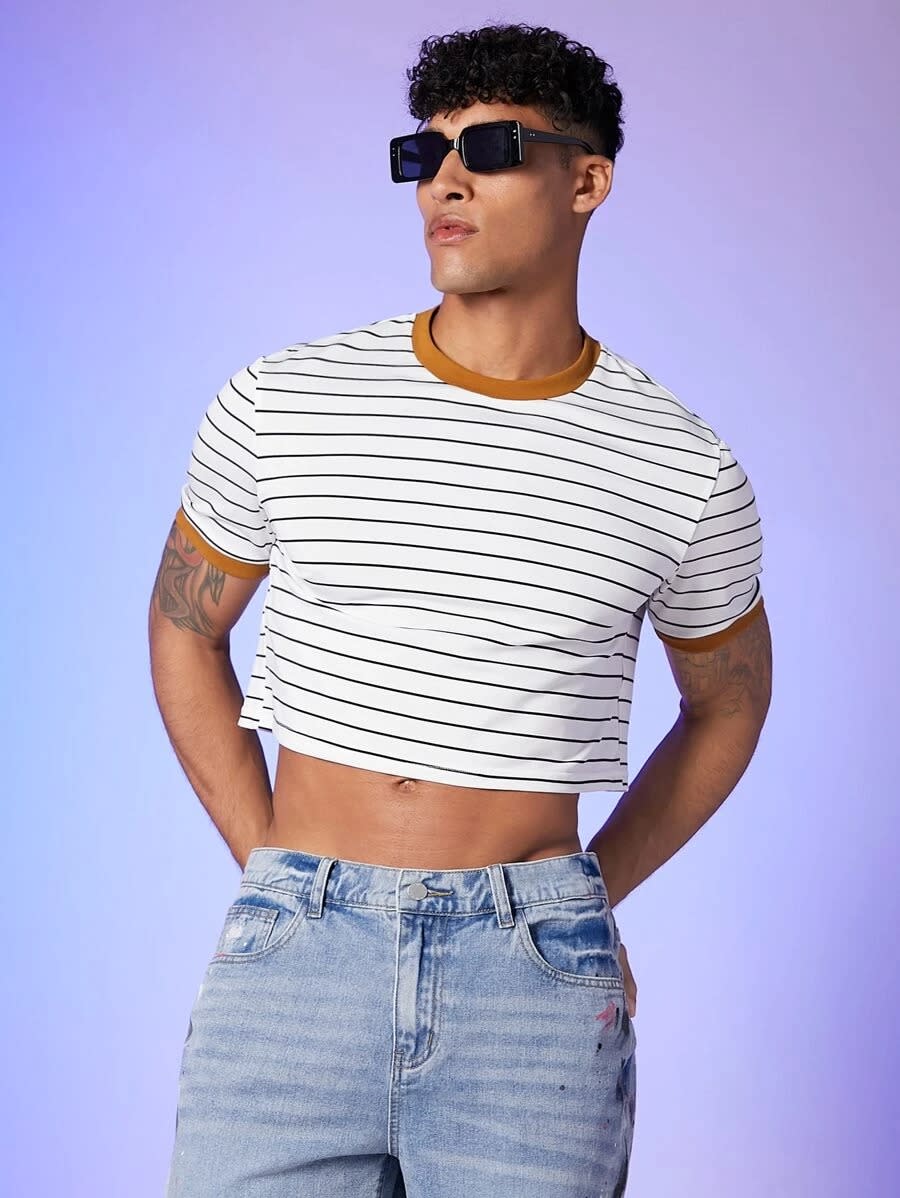 SHEIN Men Striped Contrast Binding Crop T-Shirt