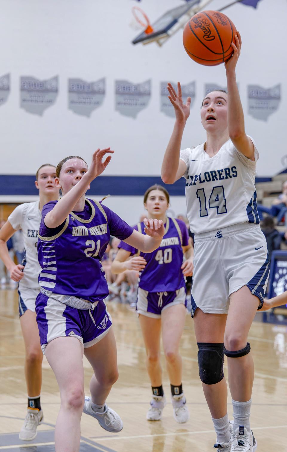 Hudson's Abby Henderson goes up for a layup against North Royalton on Friday, Jan. 26, 2024 in Hudson.