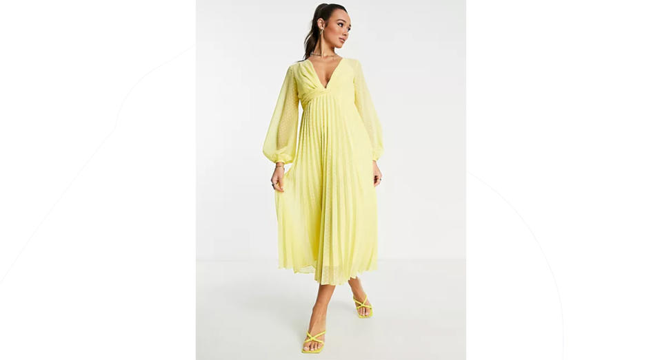 ASOS DESIGN dobby twist front pleated midi dress in yellow
