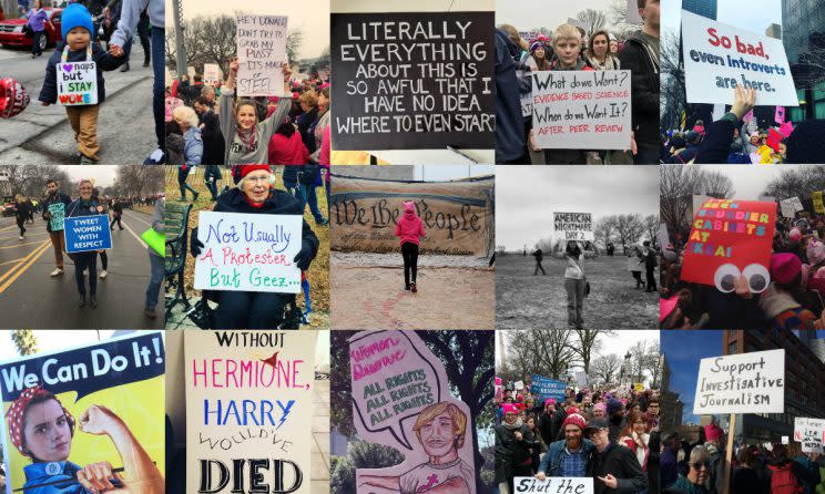 Protest signs were everywhere on Saturday. (Photos via Yahoo News, Getty, Reuters, Twitter and Instagram)