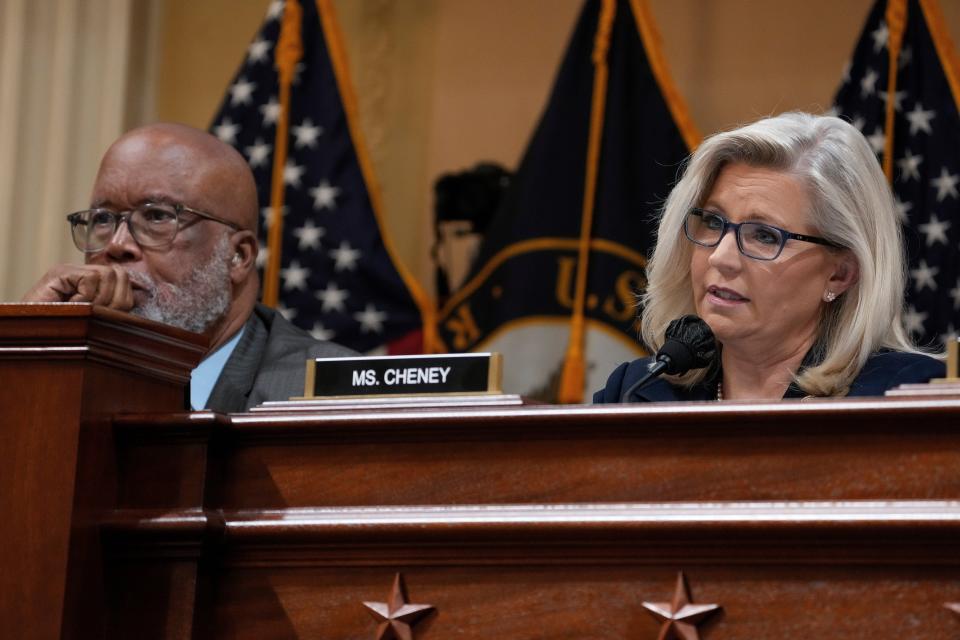 Rep. Liz Cheney (R-Wyo.) addresses Cassidy Hutchinson, former Special Assistant to President Trump during her testimony before the House select committee investigating the Jan. 6 attack on the U.S. Capitol, Tuesday, June 28, 2022, at the Capitol in Washington.