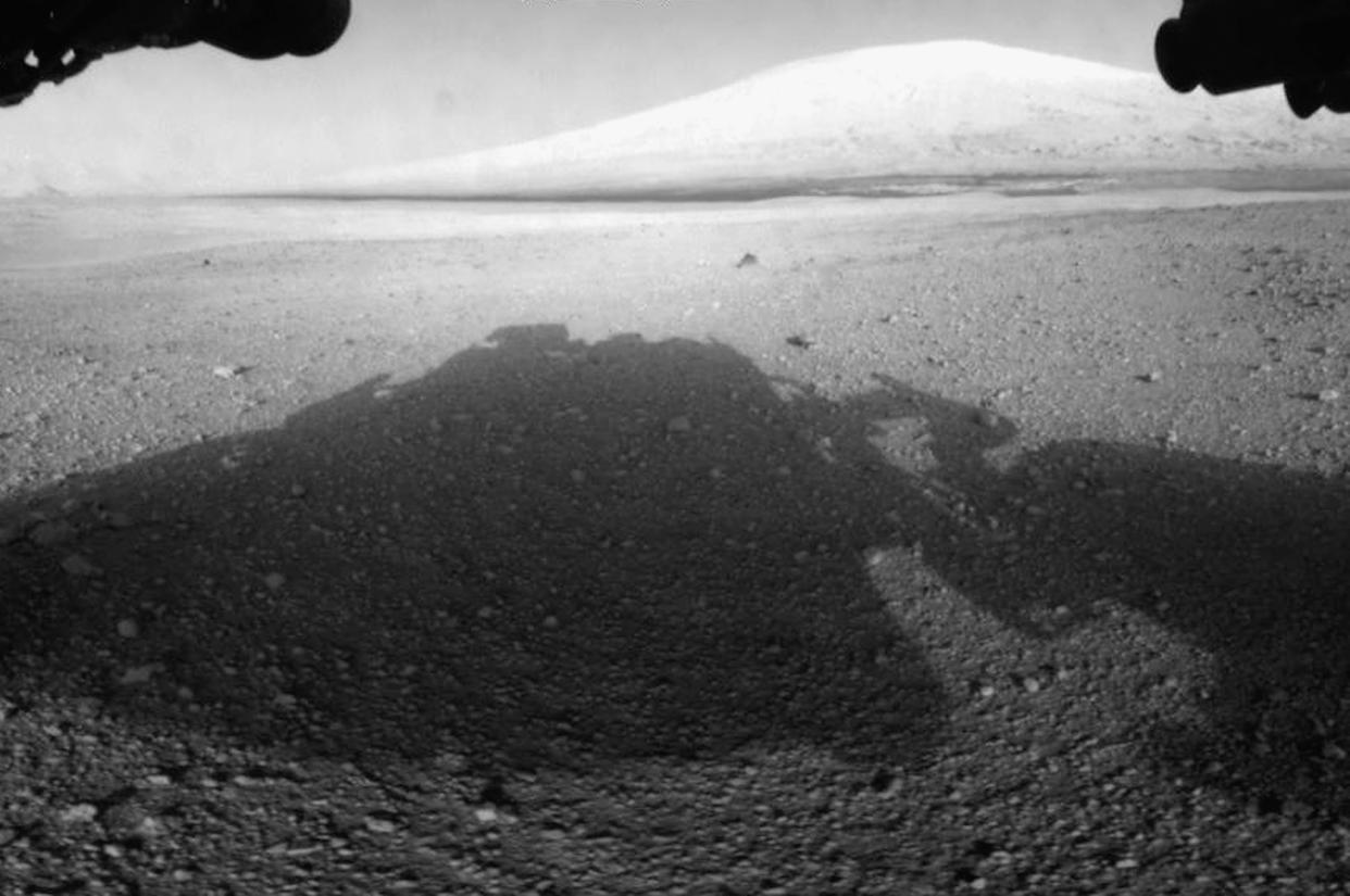 Surface of Mars is seen from NASA’s Curiosity rover front hazard avoidance cameras underneath the rover deck (Getty Images)