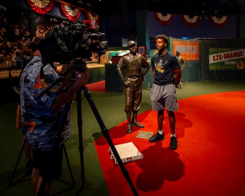 Ban Johnson Collegiate League All-Star Game MVP Darius Freeman speaks to a media member after a tour of the Negro Leagues Baseball Museum on Wednesday, July 19, 2023. Contributed Photo/Chad Combs