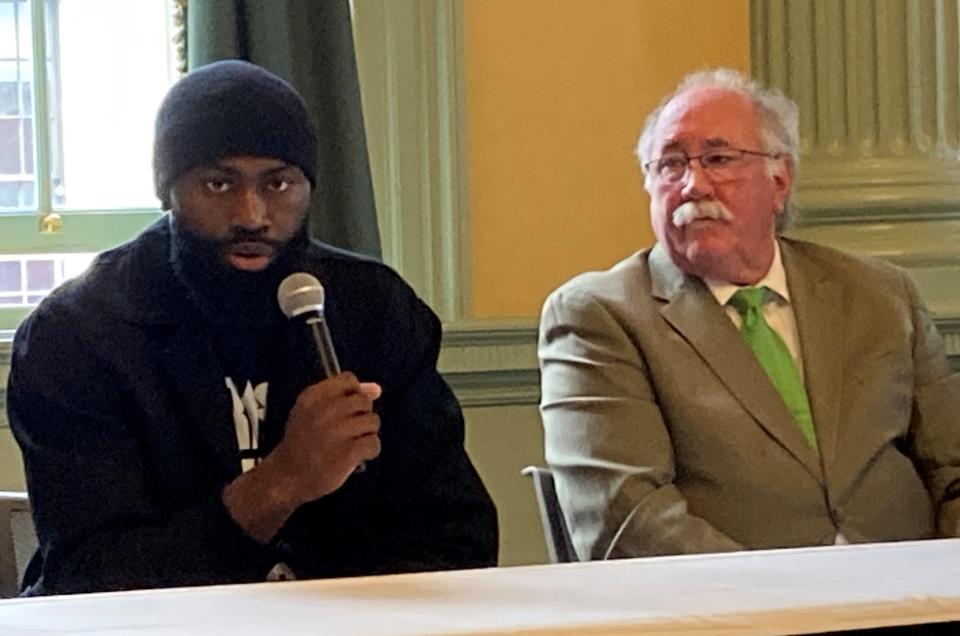 Boston Celtics shooting guard Jalen Brown endorses a companion bill filed by Rep. James O'Day, D-Boylston, that would keep young adults accused of crimes in the juvenile justice system through age 20. He spoke at a legislative briefing Wednesday.