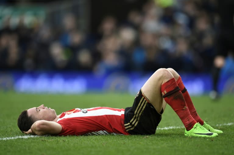 Sunderland's Bryan Oviedo reacts after Everton scored their second goal during their English Premier League match, at Goodison Park in Liverpool, on February 25, 2017