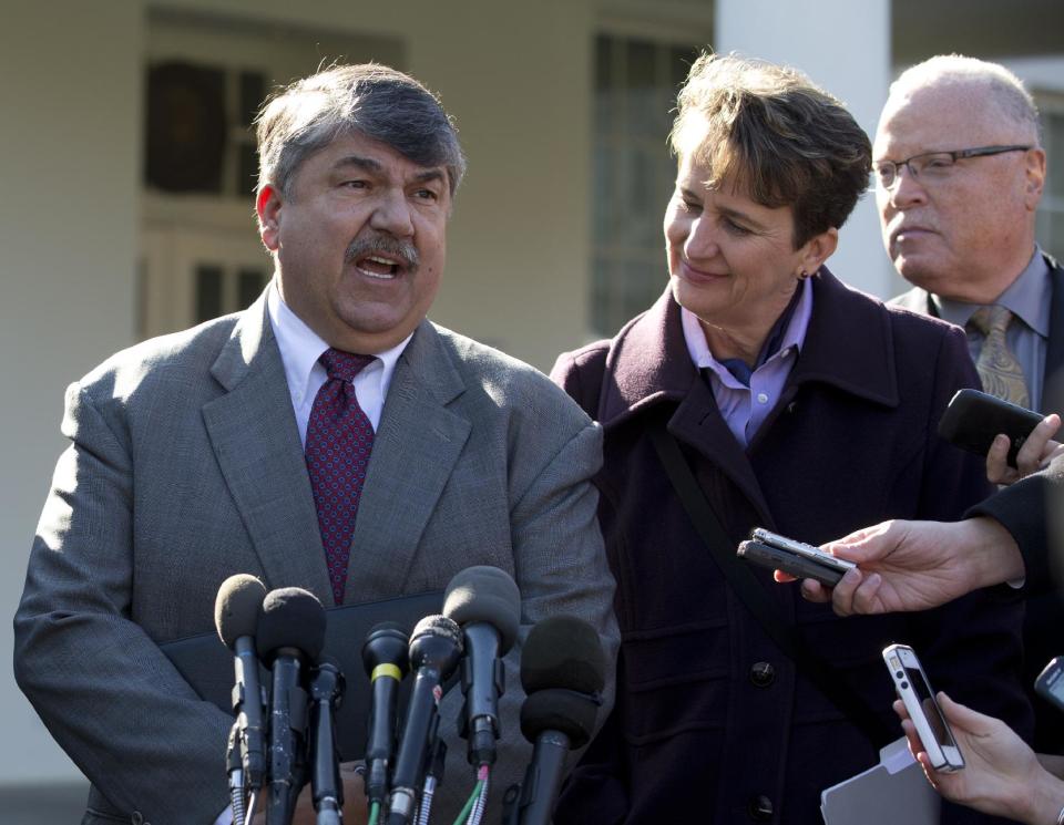 AFL-CIO President Richard Trumka, left, accompanied by Mary Kay Henry, International President of the Service Employees International Union, center, and Lee Saunders, president of the American Federation of State, County and Municipal Employees, right, speaks to reporters outside the White House in Washington, Tuesday, Nov. 13, 2012, after a meeting between business leaders and President Barack Obama to discuss the economy and deficit. (AP Photo/Carolyn Kaster)