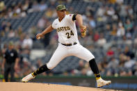 Pittsburgh Pirates starting pitcher Johan Oviedo delivers during the first inning of a baseball game against the Arizona Diamondbacks in Pittsburgh, Friday, May 19, 2023. (AP Photo/Gene J. Puskar)