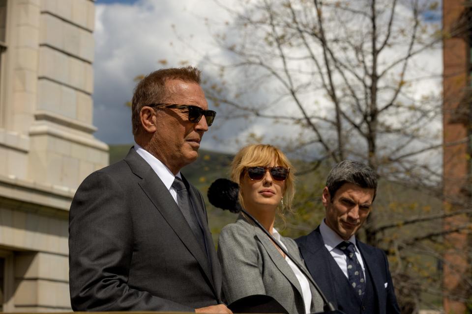 John Dutton (Kevin Costner) on inauguration day in "Yellowstone" with daughter Beth (Kelly Reilly) and son Jamie (Wes Bentley).