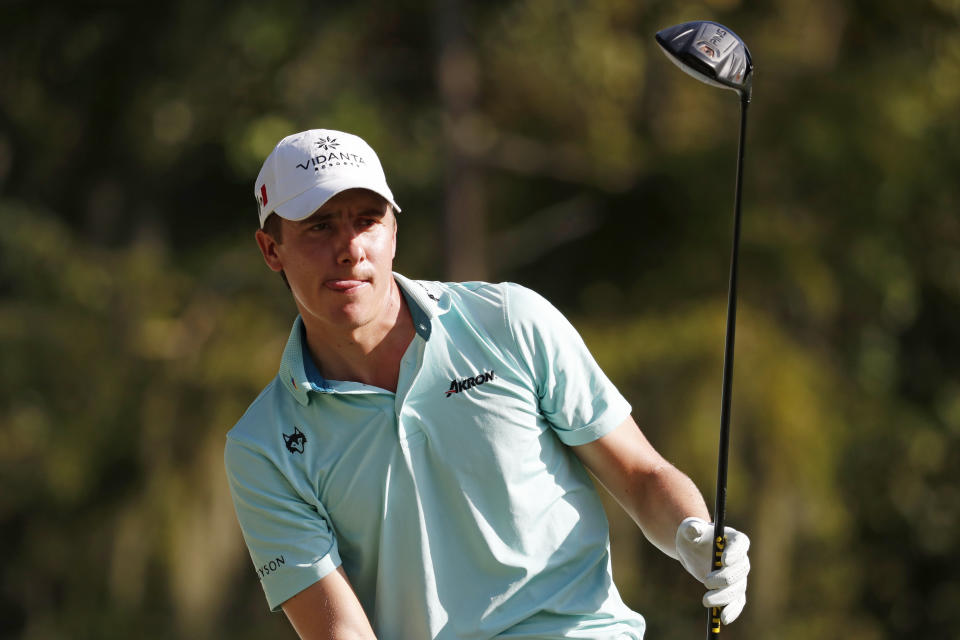 Carlos Ortiz reacts to his tee drive from the 17th during the third round of the Sanderson Farms Championship golf tournament in Jackson, Miss., Saturday, Sept. 21, 2019. (AP Photo/Rogelio V. Solis)