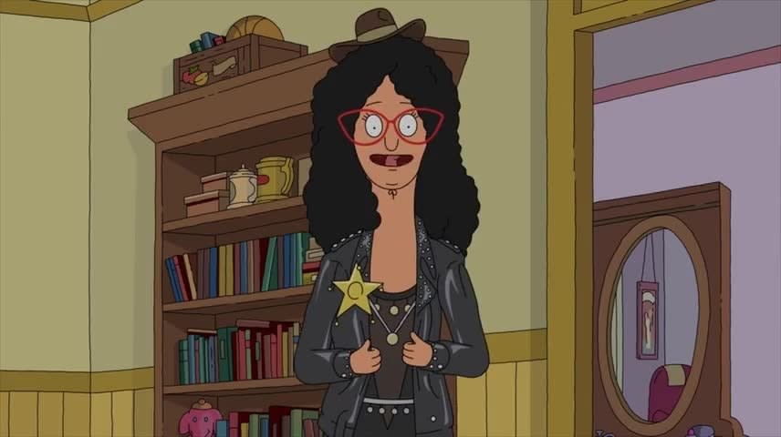 Linda Belcher dressed as Cher with a cowboy hat and a sheriff's badge.