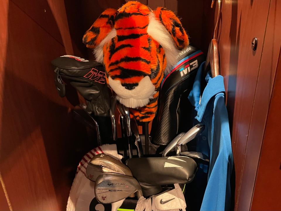 The World Golf Hall of Fame locker room will include a set of clubs that Tiger Woods uses, including the familiar Tiger head cover.