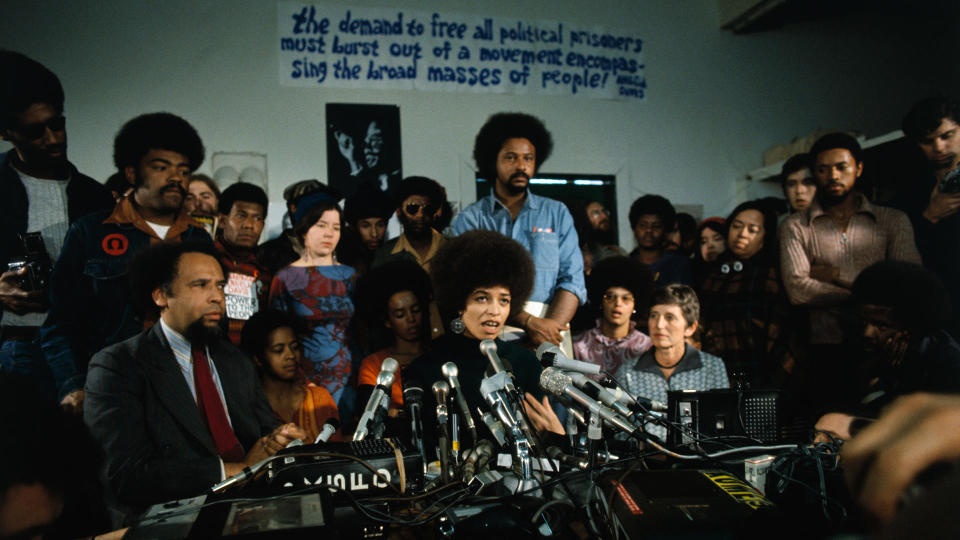 Angela Davis attends a news conference after being released on bail in advance of her 1972 trial, in San Jose, Calif.  / Credit: Bettmann/Getty Images