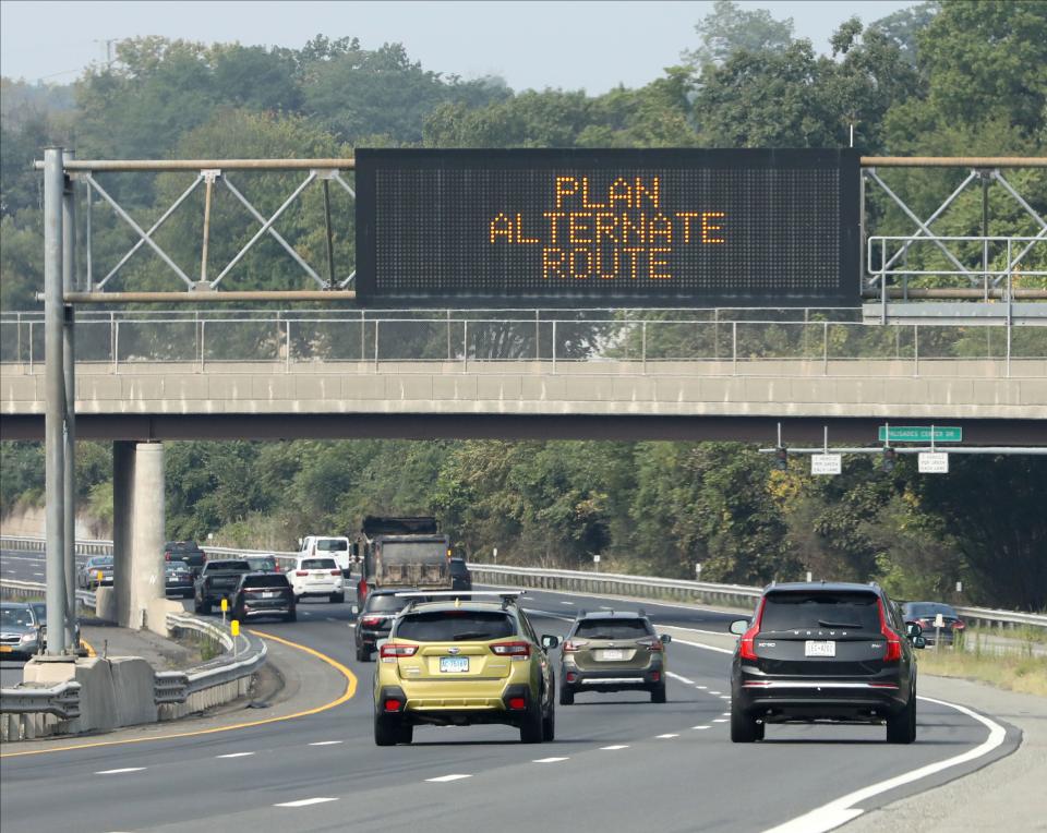 A digital sign in West Nyack on the New York State Thruway, pictured Sept. 8, 2023, indicates that the southbound lanes will close at midnight. (Mark Vergari/The Journal News)