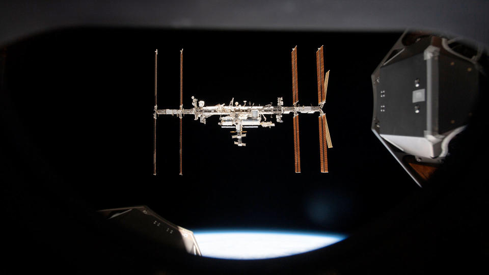  The International Space Station, as seen from a departing SpaceX Crew Dragon spacecraft, in November 2021. 