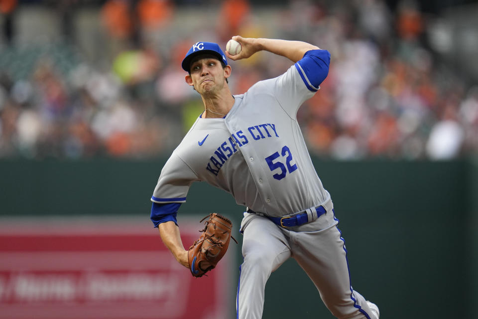 Kansas City Royals starting pitcher Daniel Lynch throws a pitch to the Baltimore Orioles during the first inning of a baseball game, Monday, Jan. 4, 2021, in Baltimore. (AP Photo/Julio Cortez)