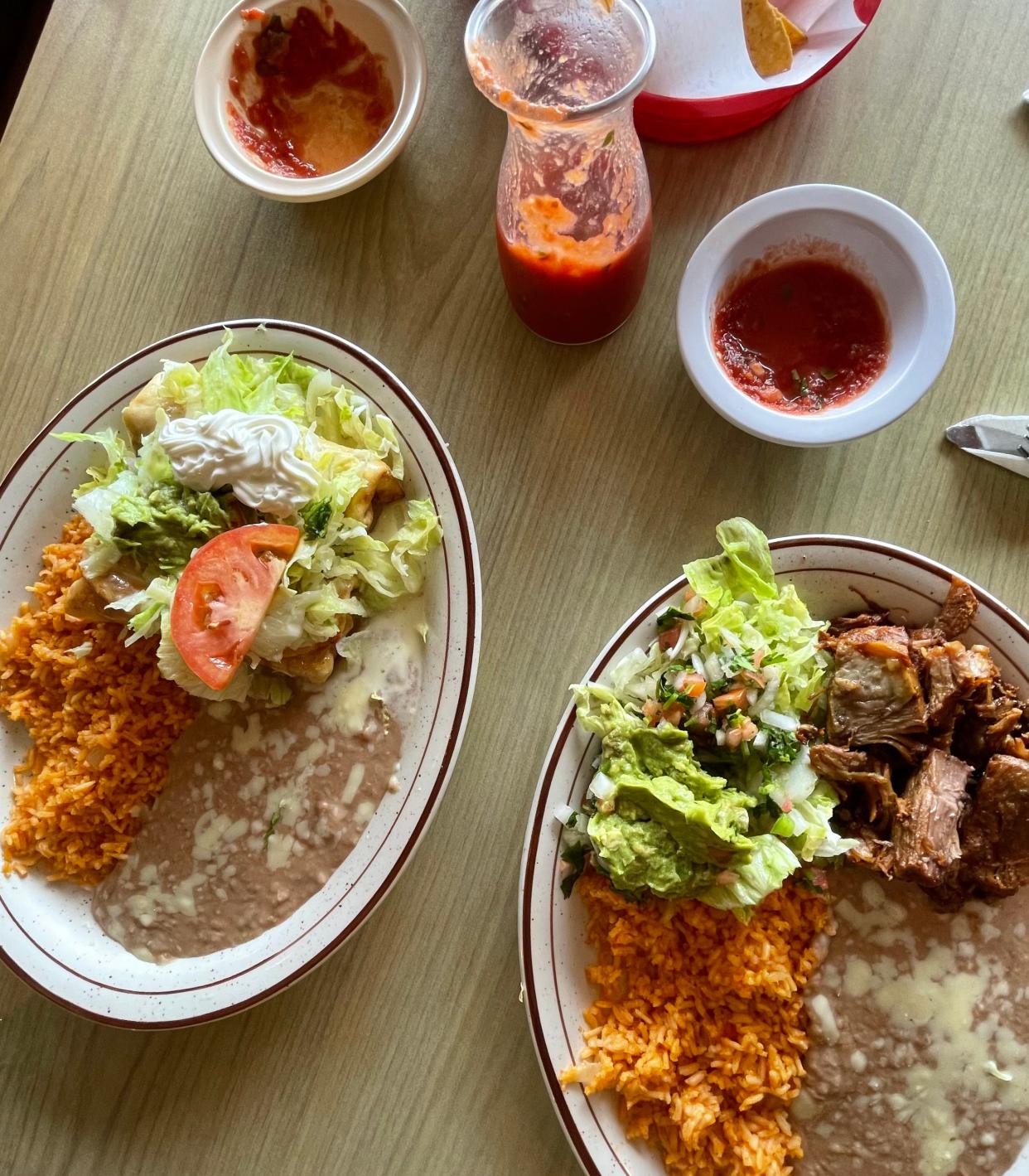 Chimichangas and carnitas at Señor Panchos are served with rice and refried beans.