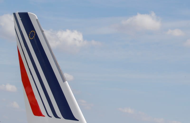 Logo of Air France is pictured on the first Air France airliner's Airbus A350 as it prepares to take off after a ceremony at the aircraft builder's headquarters in Colomiers near Toulouse