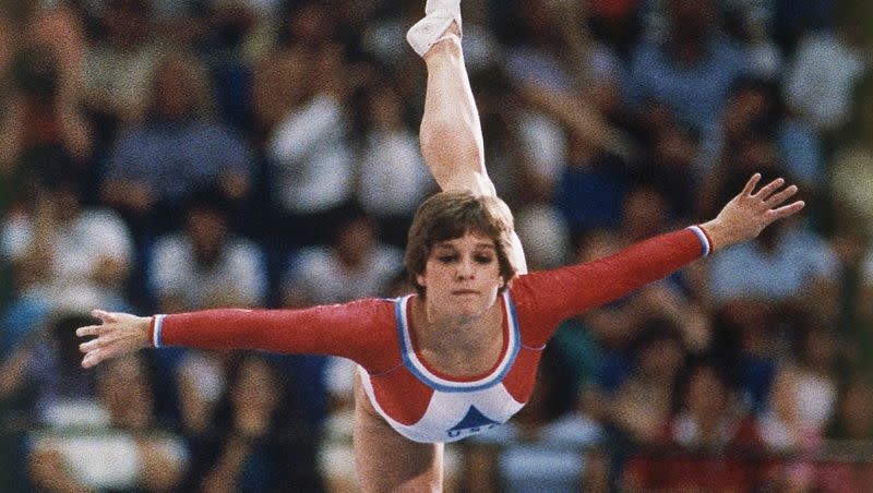 Mary Lou Retton performs on the beam at the 1984 Olympics in Los Angeles on July 31, 1984.
