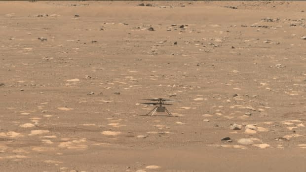 NASA’s Ingenuity helicopter does a slow spin test of its blades on April 8, the 48th Martian day, or sol, of the mission. This image was captured by the Mastcam-Z on NASA’s Perseverance Mars rover.