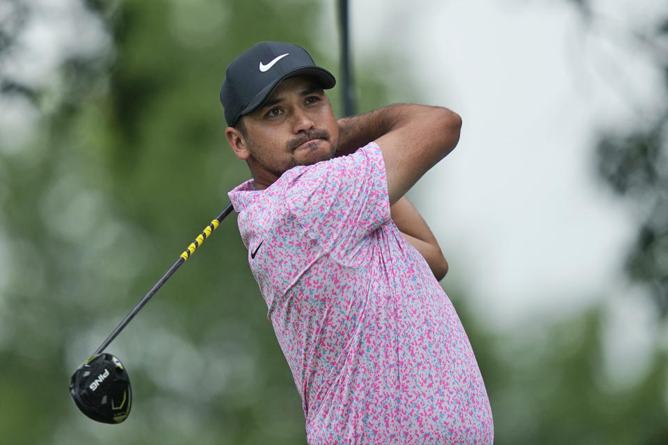 Jason Day, of Australia, hits a tee shot on the second hole during the final round of the Byron Nelson golf tournament in McKinney, Texas, Sunday, May 14, 2023. (AP Photo/LM Otero)