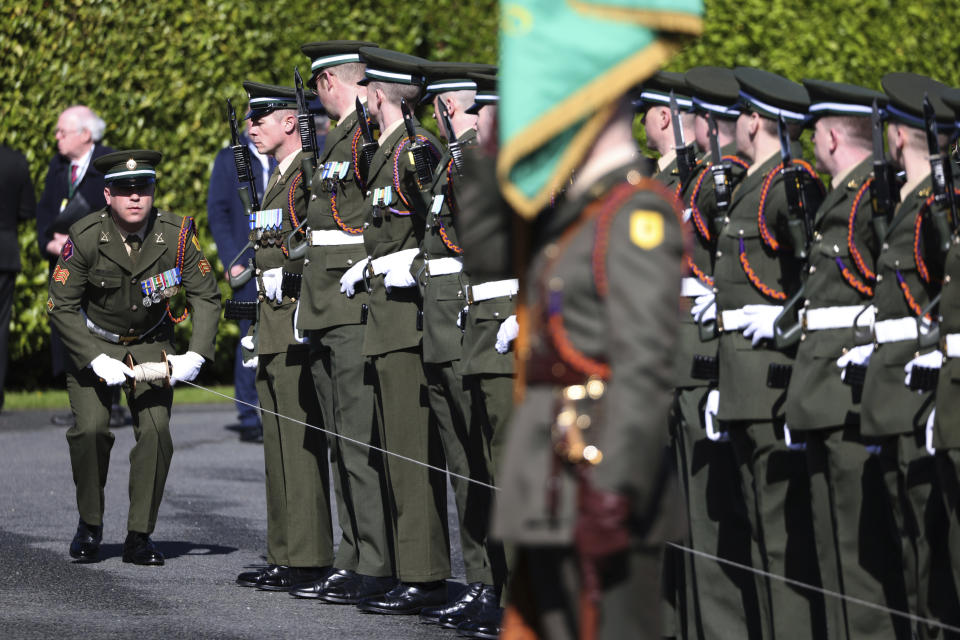 Members of the Captain's Honour Guard from the 27th Infantry battalion of the Irish Army line up ahead of an inspection by President Joe Biden at the Aras Uachtarainin the official residence of the Irish President Michael Higgins in Dublin Ireland, Thursday, April 13, 2023. (AP Photo/Peter Morrison)