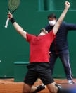 Stefanos Tsitsipas of Greece celebrates after defeating Andrey Rublev of Russia during the Monte Carlo Tennis Masters tournament finals in Monaco, Sunday, April 18, 2021. (AP Photo/Jean-Francois Badias)