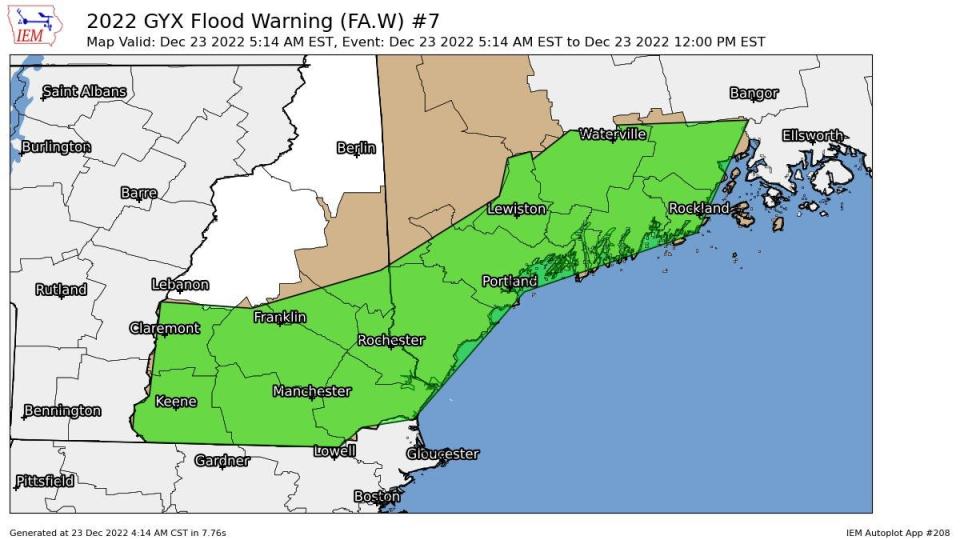 A flood warning is in effect along the New Hampshire and Maine coast.