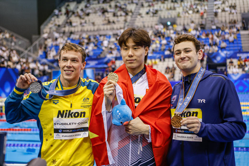 FUKUOKA, JAPAN - JULY 28: Zac Stubblety-Cook of Australia, Haiyang Qin of China, Matt Fallon of USA with their medals in medal ceremony on Day 15 of the Fukuoka 2023 World Aquatics Championships at the Marine Messe Fukuoka Hall A on July 28, 2023 in Fukuoka, Japan. (Photo by Nikola Krstic/BSR Agency/Getty Images)