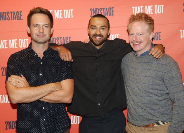 Patrick J. Adams, Jesse Williams and Jesse Tyler Ferguson pose at a photo call for the Second Stage play 