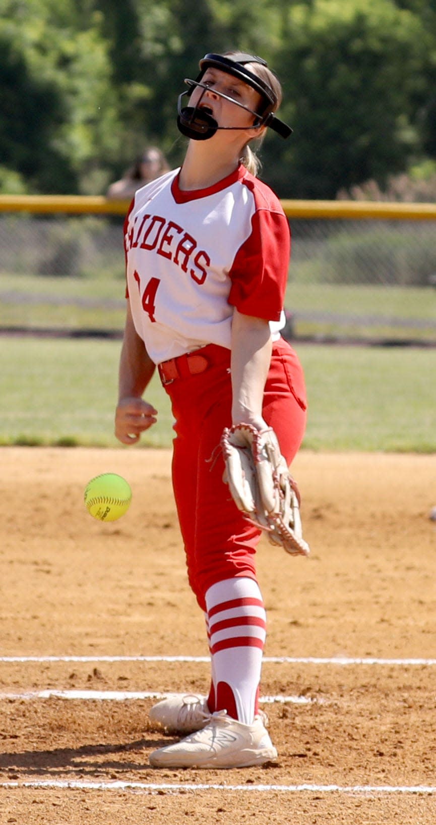 Delaney McGovern of North Rockland pitches to White Plains during the Section 1 Class AA softball championship against White Plains at North Rockland High School May 27, 2023. McGovern was the winning pitcher as North Rockland defeated White Plains 3-2.