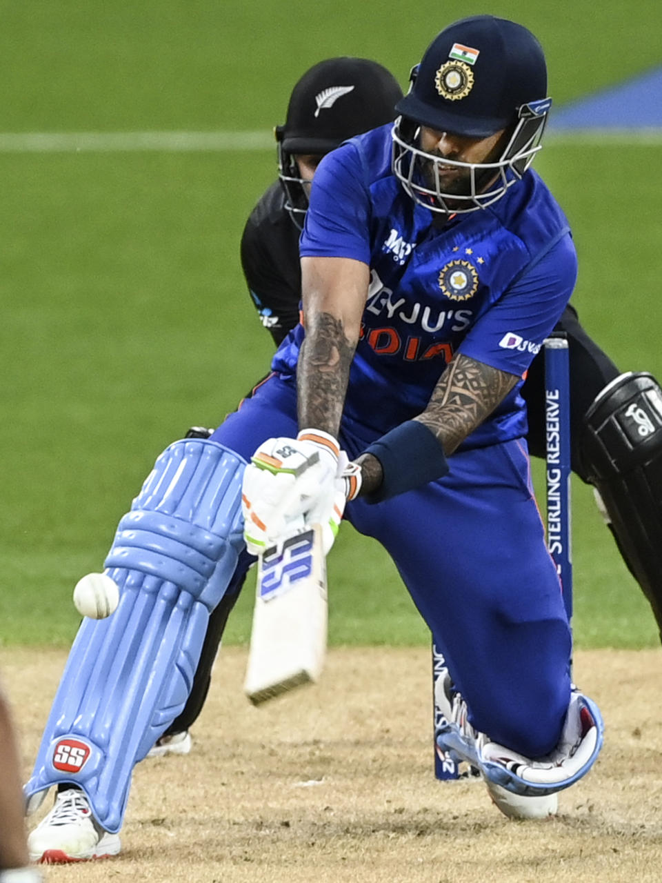 India's Suryakumar Yadav bats against New Zealand during their one day international cricket match in Hamilton, New Zealand, Sunday, Nov. 27, 2022. (Andrew Cornaga/Photosport via AP)