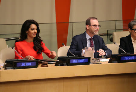 Reuters Editor-in-Chief Stephen Adler and attorney Amal Clooney participate in the Press Behind Bars: Undermining Justice and Democracy event at the 73rd session of the United Nations General Assembly at U.N. headquarters in New York, U.S., September 28, 2018. REUTERS/Shannon Stapleton