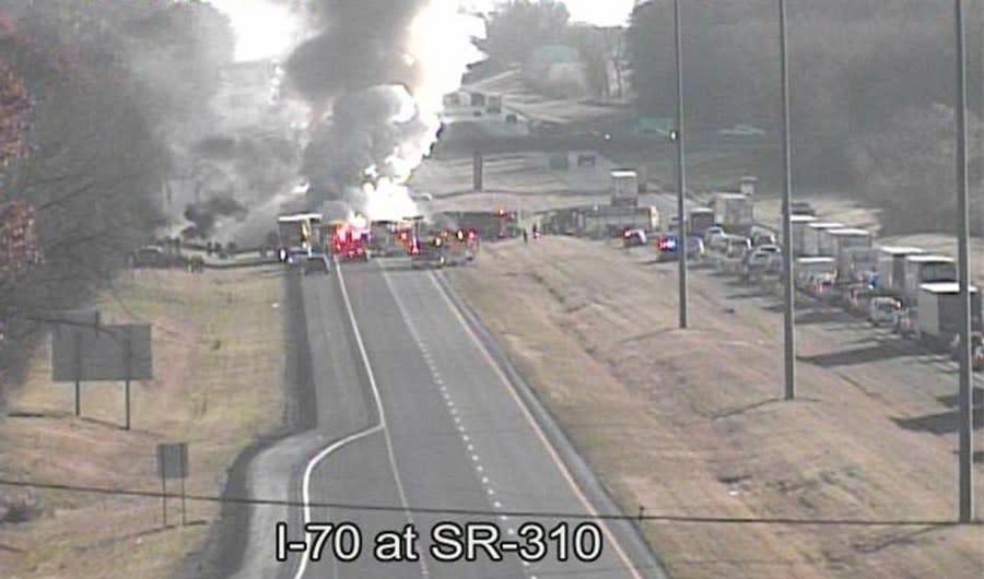 Emergency crews respond to a fiery crash on I-70 West involving a charter bus and a semi. (Courtesy/Ohio Department of Transportation)