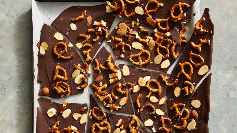 chocolate bark with pretzels and nuts