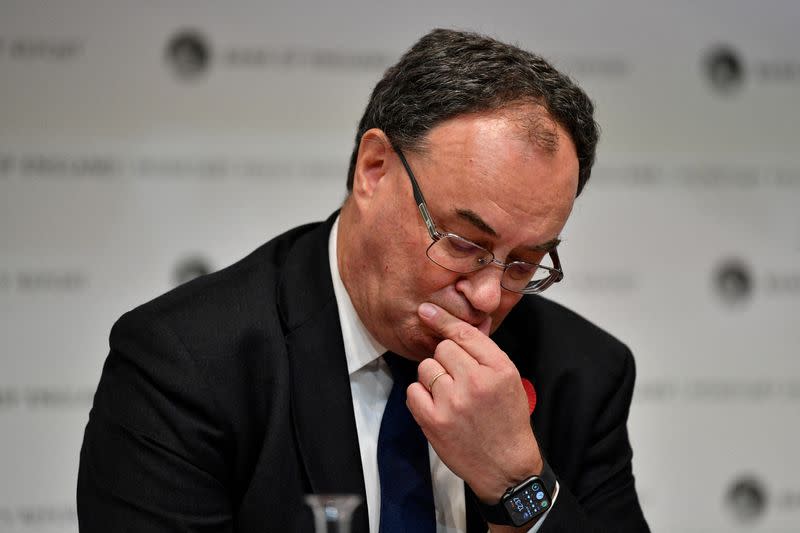 FILE PHOTO: Governor of the Bank of England Andrew Bailey addresses the Monetary Policy Report Press Conference, in London