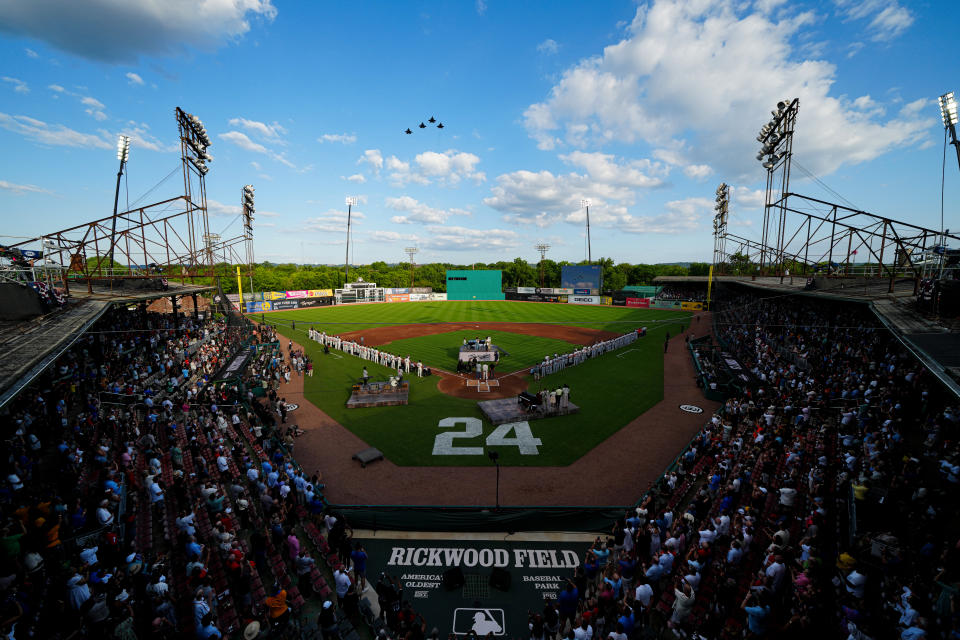 Willie Mays' No. 24 was painted behind home plate. (Daniel Shirey/MLB Photos via Getty Images)