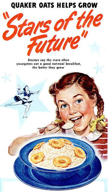 advert for Quaker Oats breakfast cereals, published in american magazine, 50's