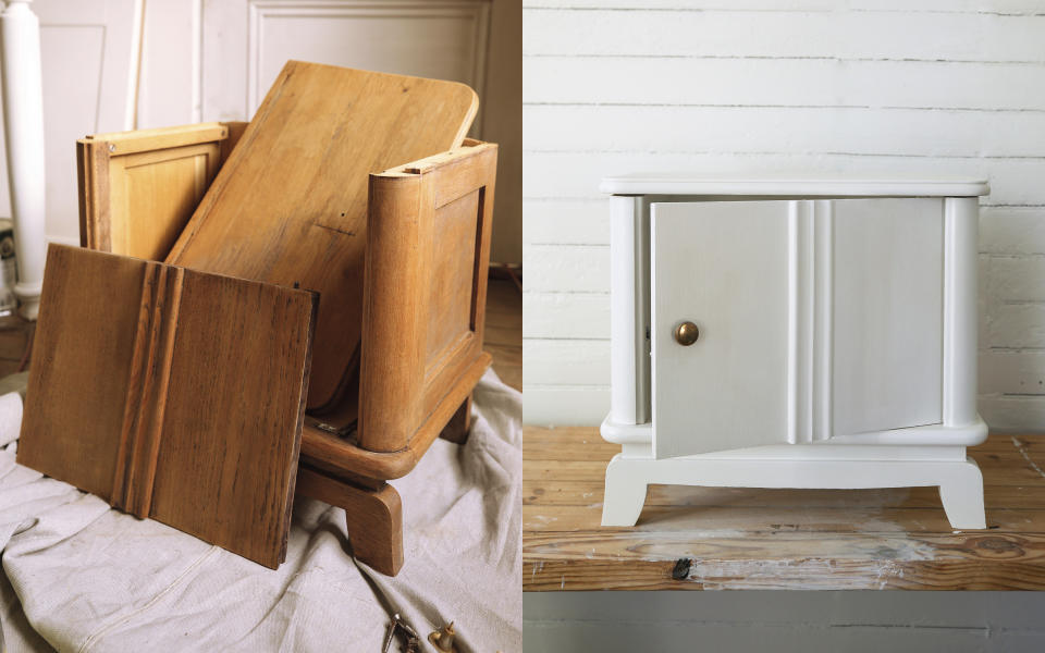 This combination of two photos shows a disassembled wood cabinet, left, and the cabinet refinished with white paint and brass hardware, featured in the book "Probably This Housewarming: A Guide to Creating a Home You Adore," by Beau Ciolino and Matt Armato. (Beau Ciolino via AP)