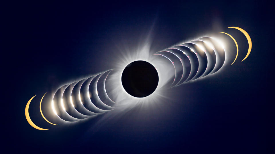 A time-sequence composite of the August 21, 2017 total solar eclipse. In this case, time runs from left to right, from the last filtered partial phases I shot, through unfiltered shots of the rapidly changing last glimmer of sunlight disappearing behind the advancing Moon at Second Contact, forming Bailyâ€™s Beads, to totality at centre. The sequence continues at right with the Sun emerging from behind the Moon in a rapid sequence at Third Contact, followed by two post-totality filtered partials to bookend the total eclipse images. The C3 limb had a beautiful array of pink prominences. The Contact 2 and 3 images were taken in rapid-fire continuous mode and so are only fractions of a second apart in real time. Most are 1/4000th second exposures. The totality image is a blend of 7 exposures, from 1/1600 second to 1/15 second to preserve detail in the corona from inner to middle corona. These were aligned, and merged into a smart object and blended with a Mean combine stack mode. The partials are 1/2500-second exposures through a Thousand Oaks metal-on-glass solar filter for the yellow colour. The placement of the frames here only roughly matches the actual position and motion of the Sun across the sky during the time around totality. Partials and C2 and C3 images layered into Photoshop and blended into the background totality image with a Lighten blend mode, and masked to reveal just the wanted bits of each arc. The site was north of Driggs, Idaho in the Teton Valley, north of the centreline. Thus the diamond rings are above the centre of the Moon's disk.