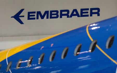 The logo of Brazilian planemaker Embraer SA is seen at the company's headquarters in Sao Jose dos Campos, Brazil February 28, 2018. REUTERS/Roosevelt Cassio