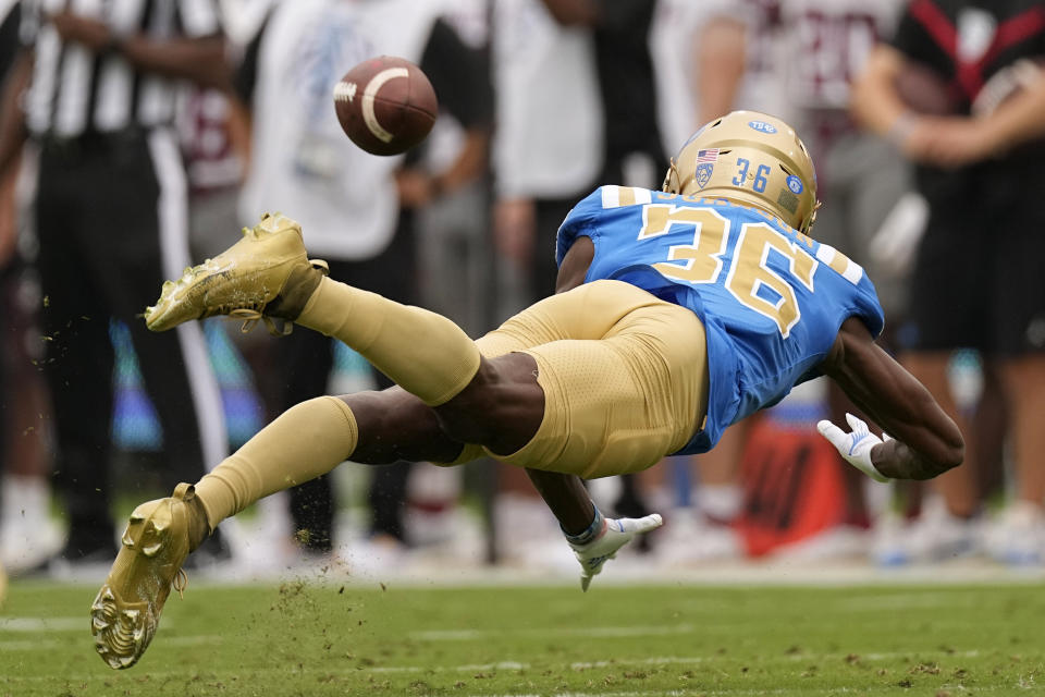 UCLA defensive back Alex Johnson attempts to intercept a pass during the first half of an NCAA college football game against North Carolina Central Saturday, Sept. 16, 2023, in Pasadena, Calif. (AP Photo/Mark J. Terrill)